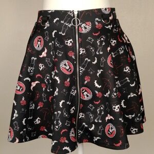 Emily the Strange Skater Skirt Gothic Punk Bat Skull Rose Print Zipper SM‎